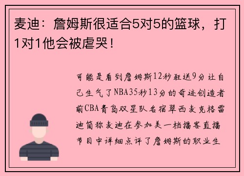 麦迪：詹姆斯很适合5对5的篮球，打1对1他会被虐哭！