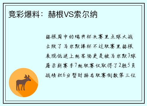 竞彩爆料：赫根VS索尔纳